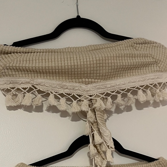 Cream Waffle/Knitted Tie Back Tassel Hem Tube Top & Wife Leg Pants Set | S | NWT - Picture 2 of 9